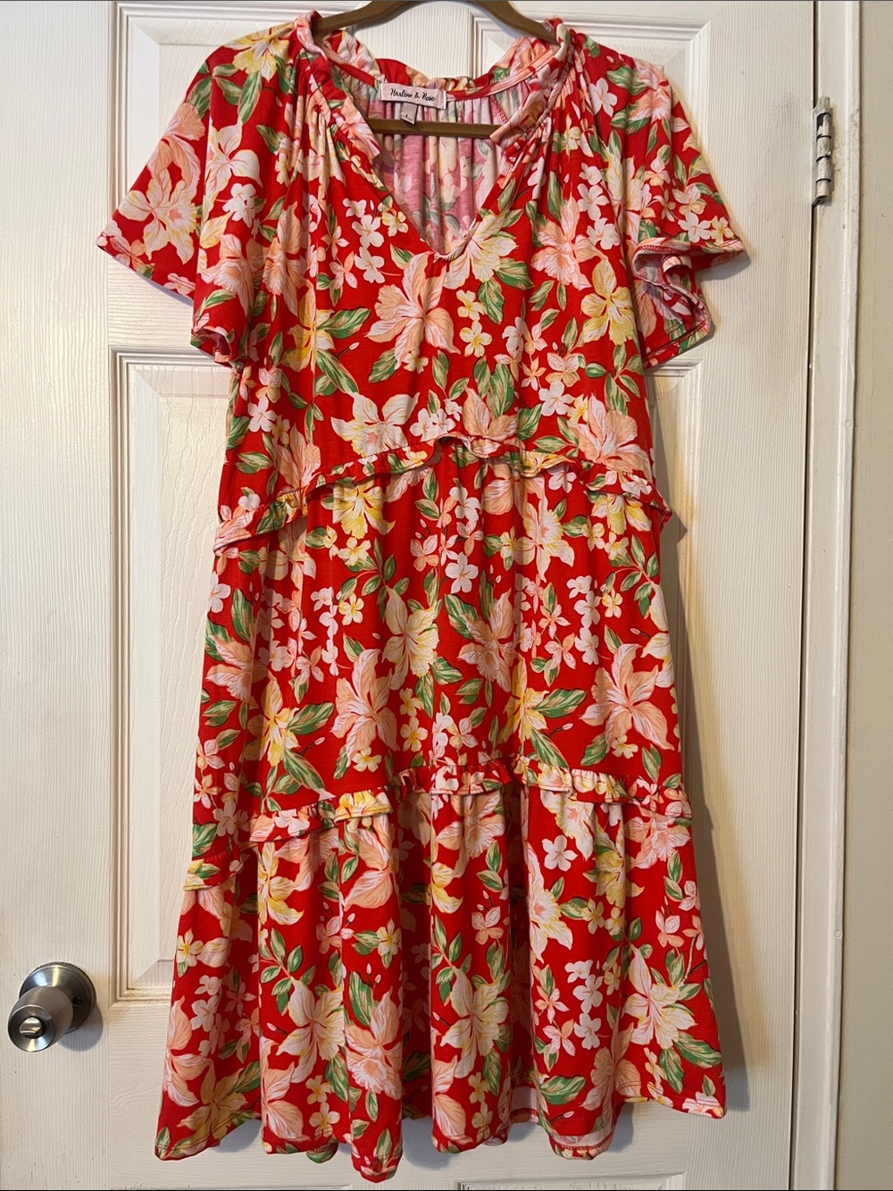 HARLOW & ROSE floral tiered ruffled v-neck midi dress